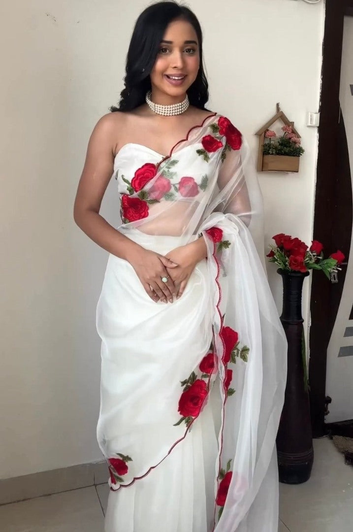 White tibby silk rose thread work ready to wear saree