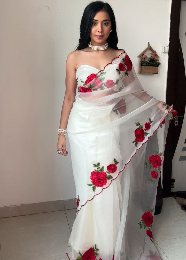 White tibby silk rose thread work ready to wear saree