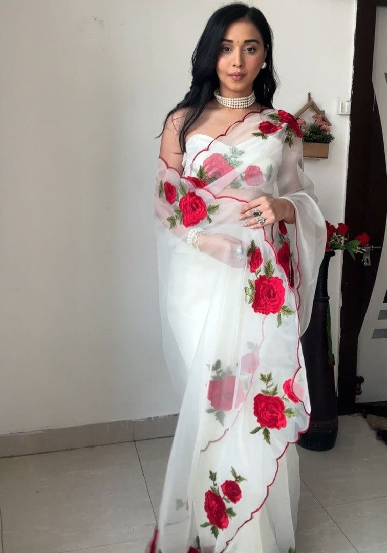 White tibby silk rose thread work ready to wear saree