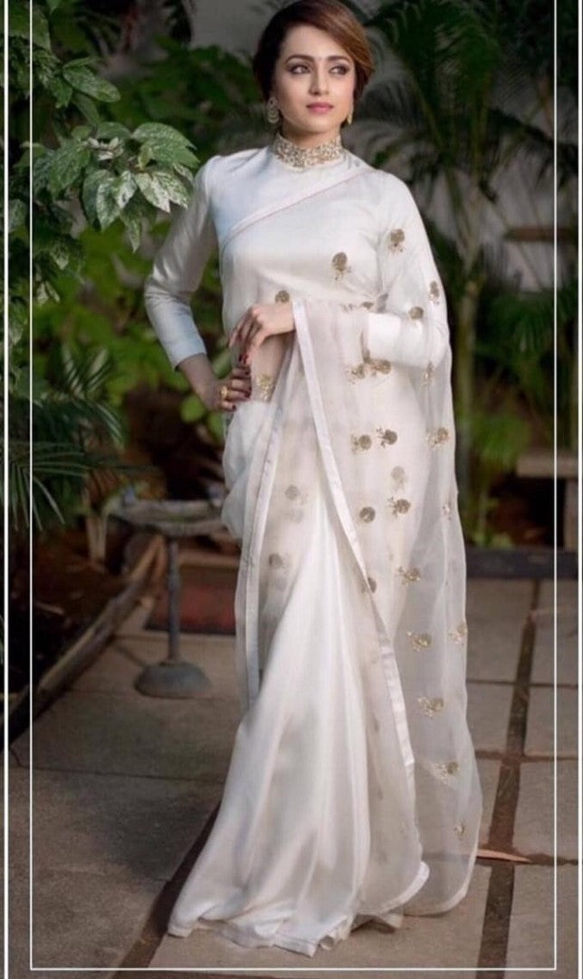 white tissue net embroidered stylist partywear saree