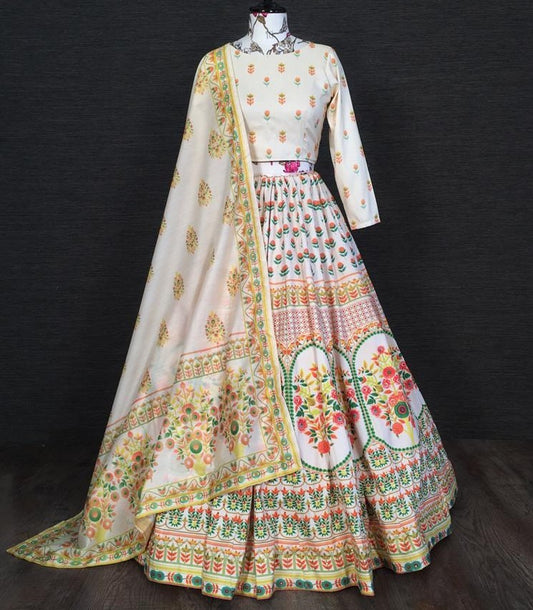 White vaishali silk printed embellish sequins work lehenga choli