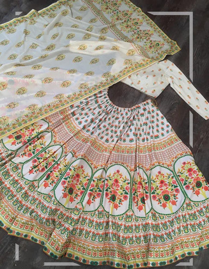 White vaishali silk printed embellish sequins work lehenga choli