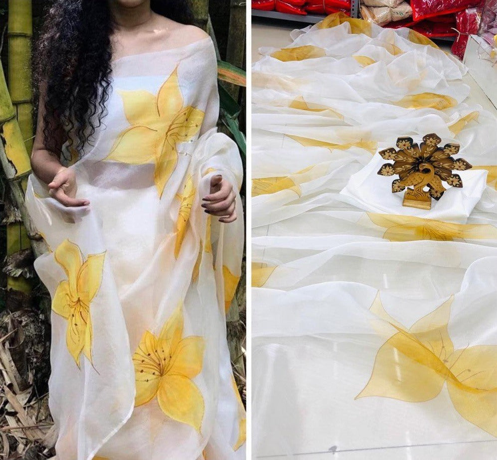 White yellow flower printed organza saree