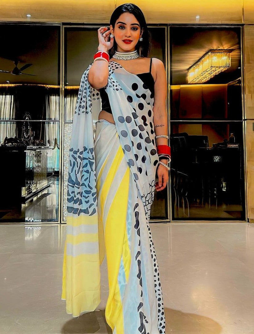 White yellow printed stylist designer satin saree