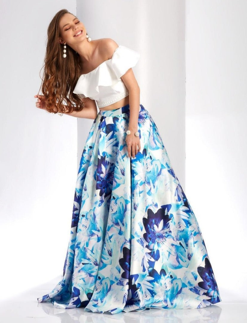 White zari satin blue flower printed crop top lehenga