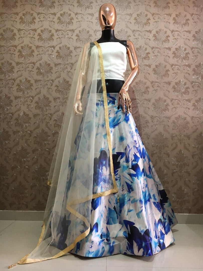 White zari satin blue flower printed crop top lehenga