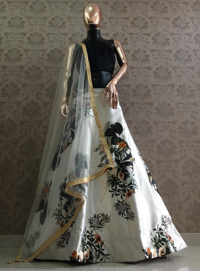 White zari satin digital printed lehenga choli