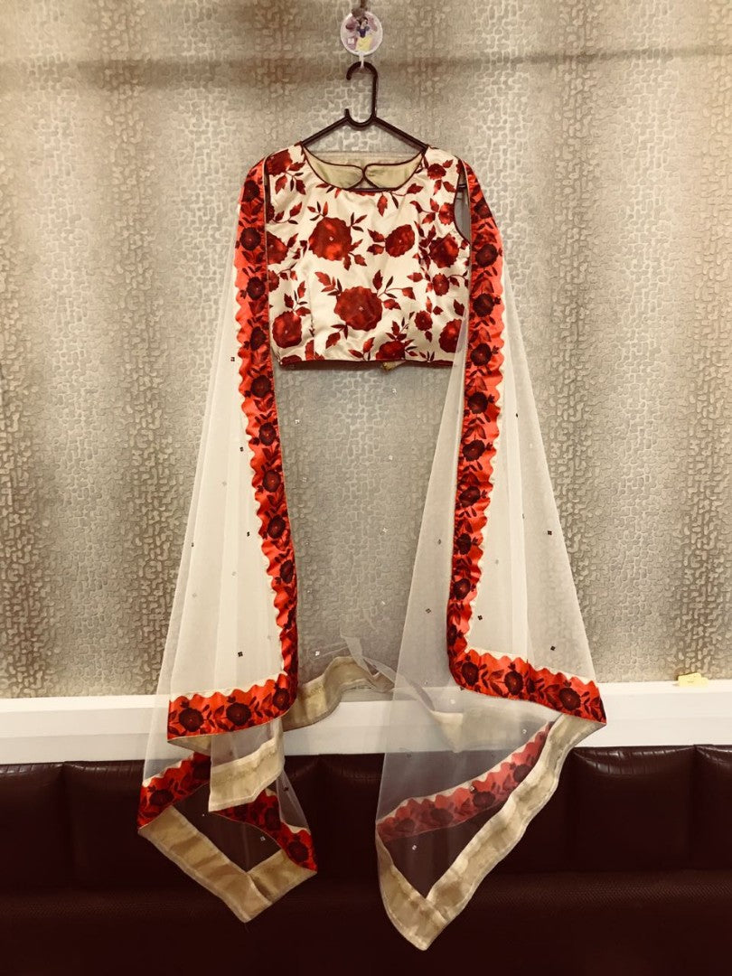 white zari silk flower digital printed partywear lehenga