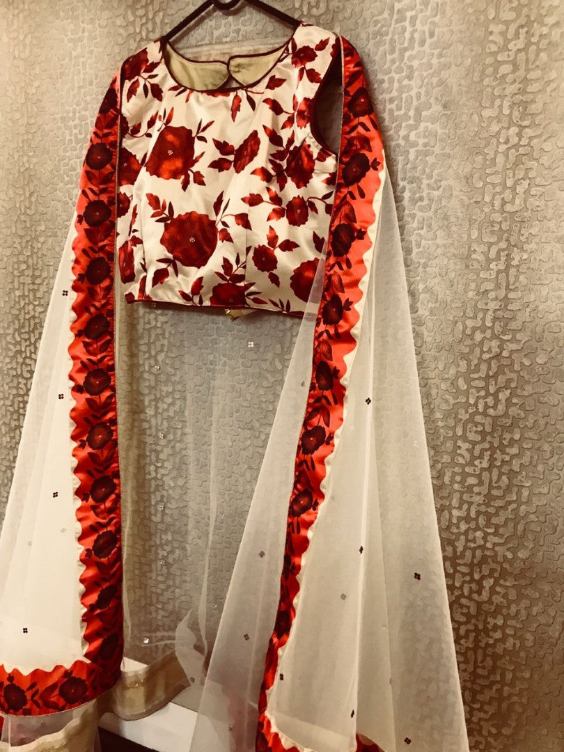 white zari silk flower digital printed partywear lehenga