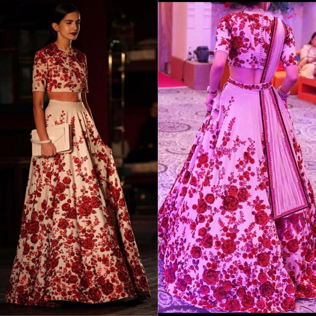 White zari silk red rose digital printed ceremonial lehenga choli