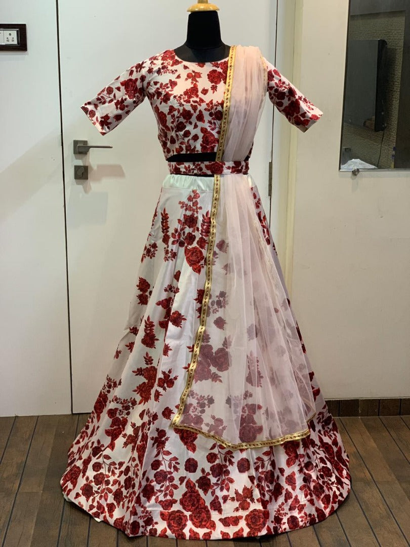 White zari silk red rose digital printed ceremonial lehenga choli