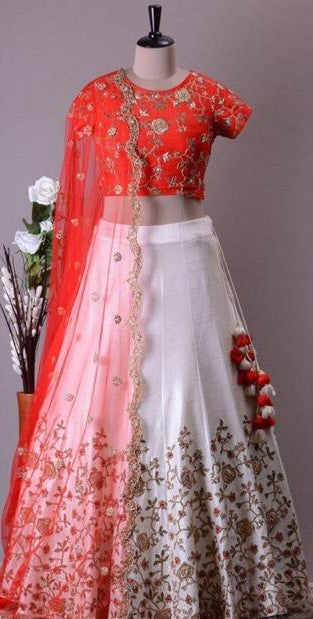 white zill mill silk beautiful heavy embroidered ceremonial lehenga