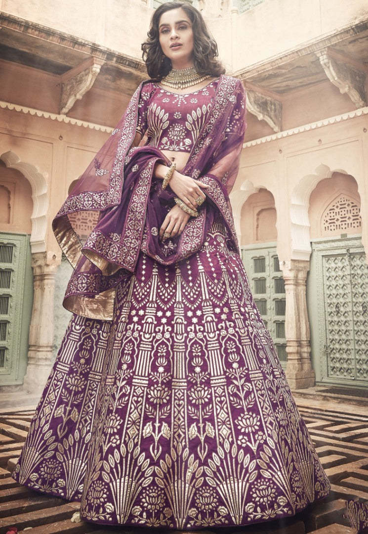 Wine art silk thread and zari work bridal lehenga choli