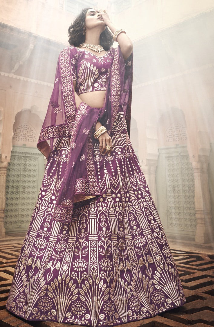 Wine art silk thread and zari work bridal lehenga choli