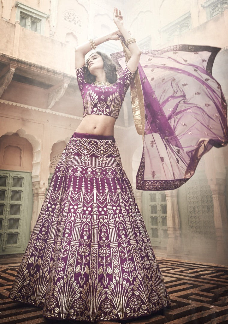 Wine art silk thread and zari work bridal lehenga choli