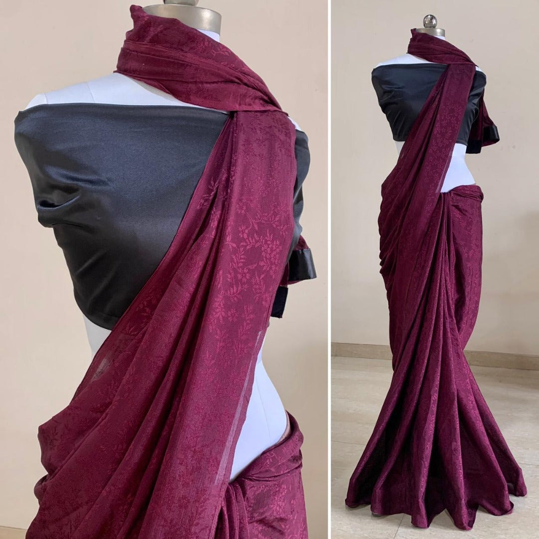 Wine chinon self design work party wear saree