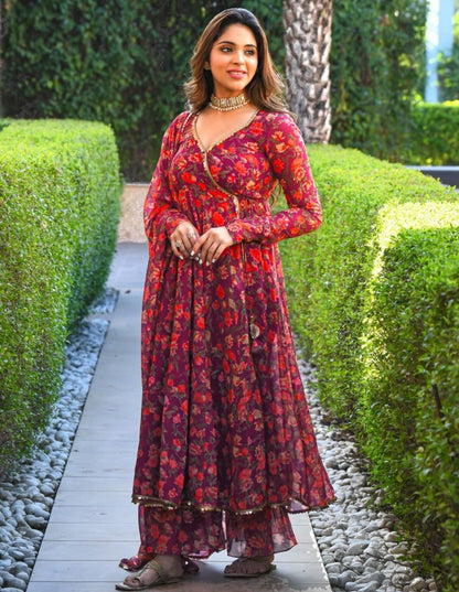 Wine floral printed kedia style anarkali suit with sharara bottom