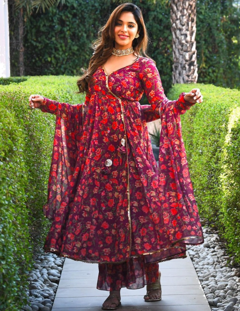 Wine floral printed kedia style anarkali suit with sharara bottom