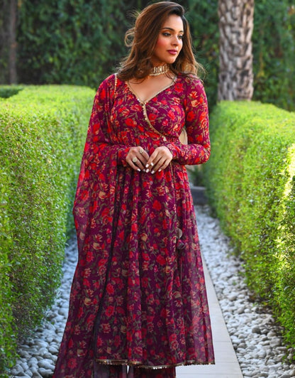 Wine floral printed kedia style anarkali suit with sharara bottom