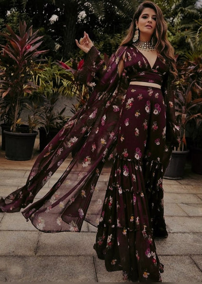 Wine georgette digital printed sharara suit with shrug