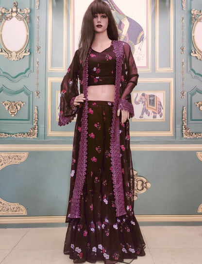 Wine georgette digital printed sharara suit with shrug