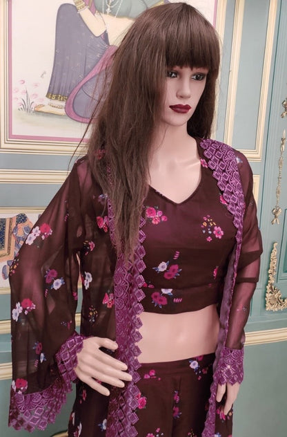 Wine georgette digital printed sharara suit with shrug