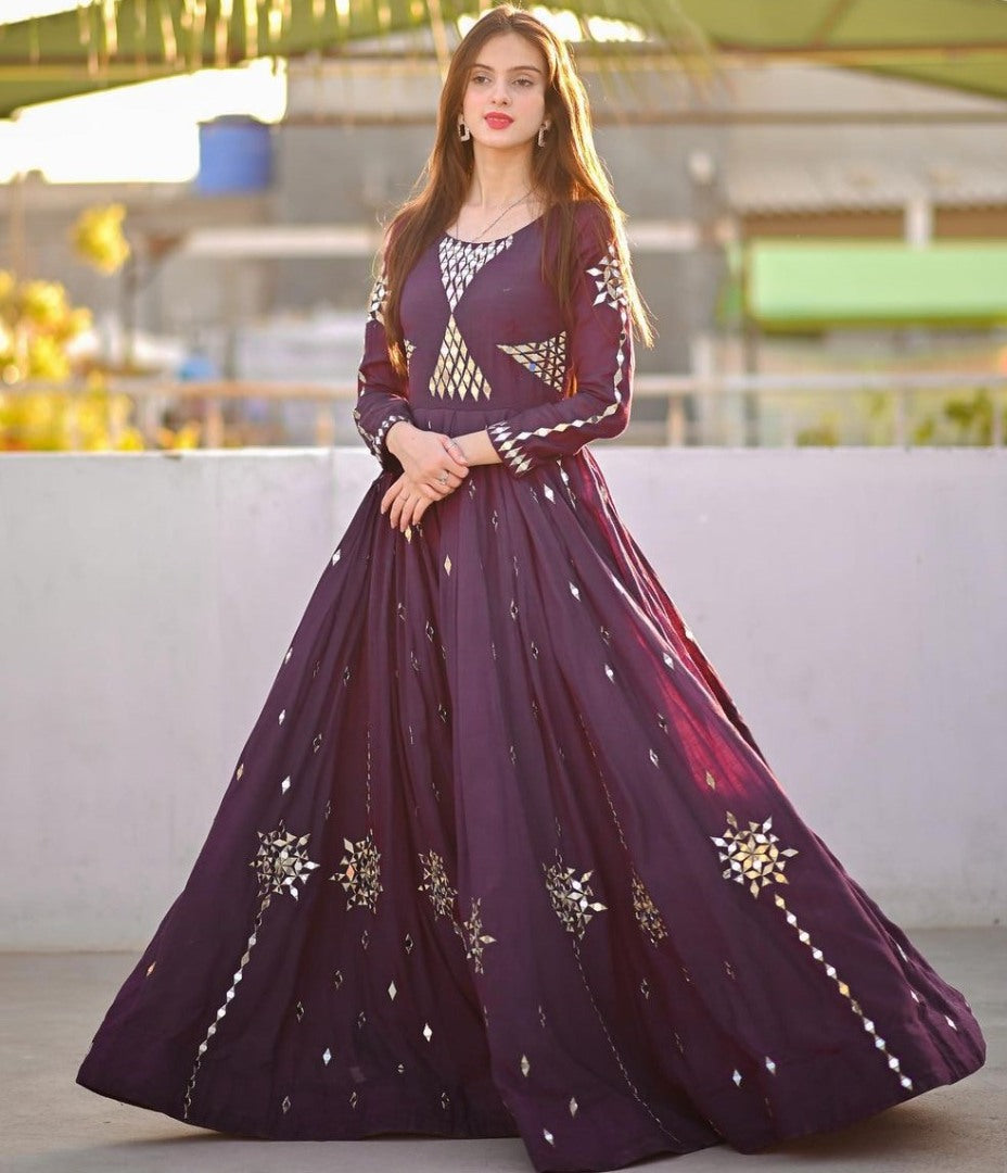 Wine georgette embroidered and real mirror work gown