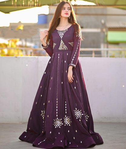 Wine georgette embroidered and real mirror work gown