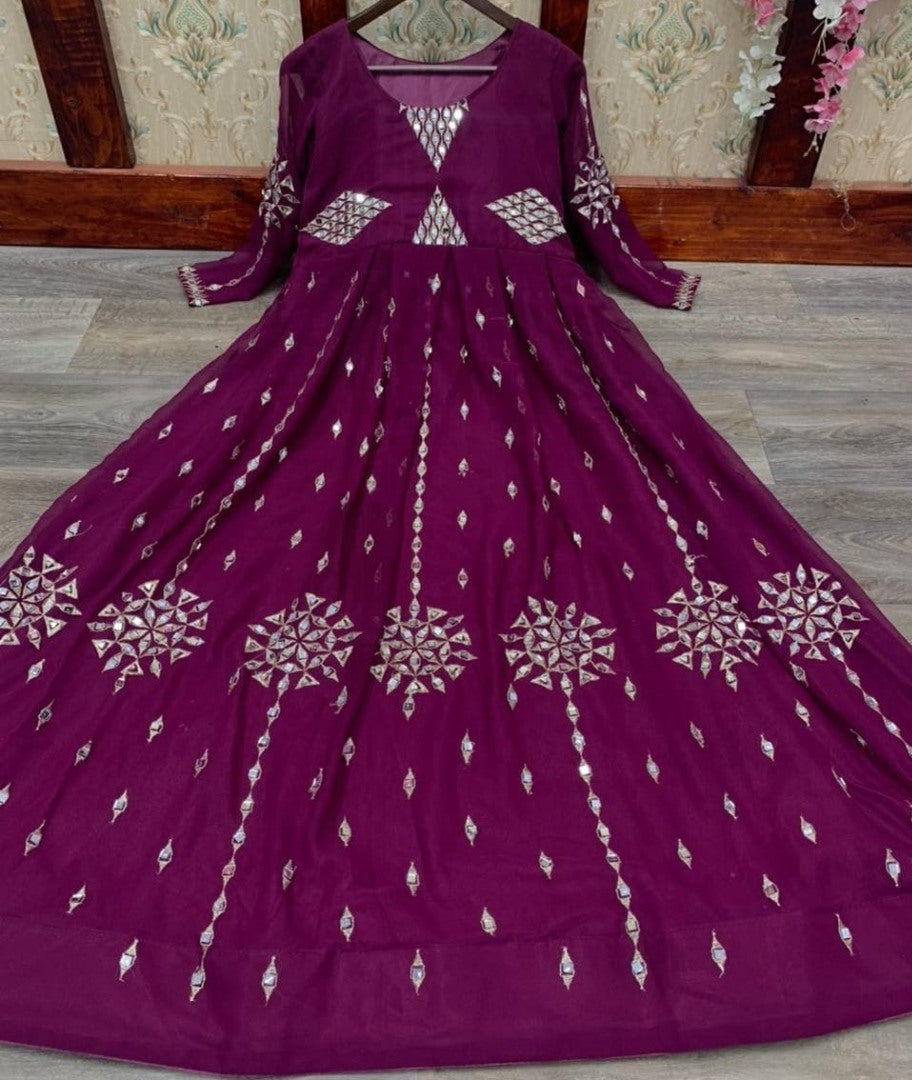 Wine georgette embroidered and real mirror work gown