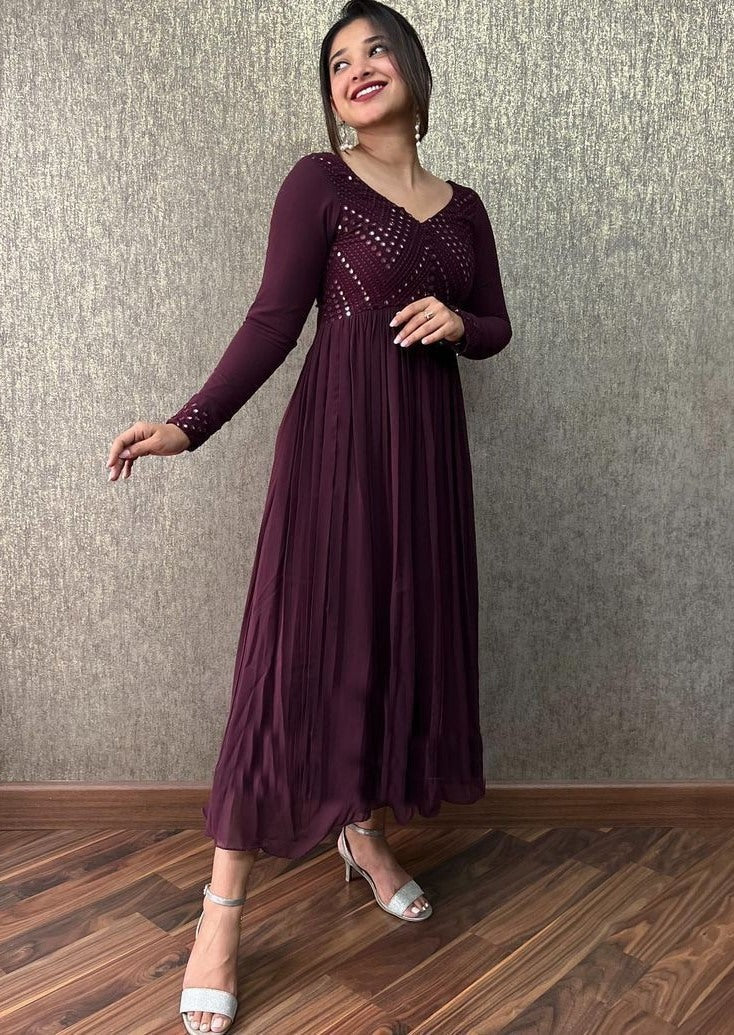 Wine georgette embroidered gown