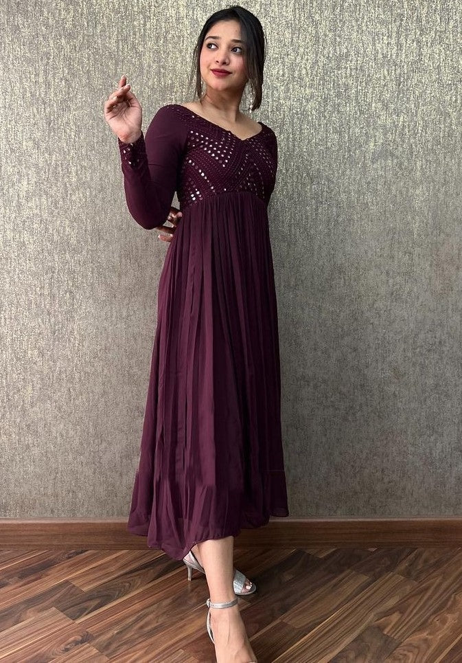 Wine georgette embroidered gown