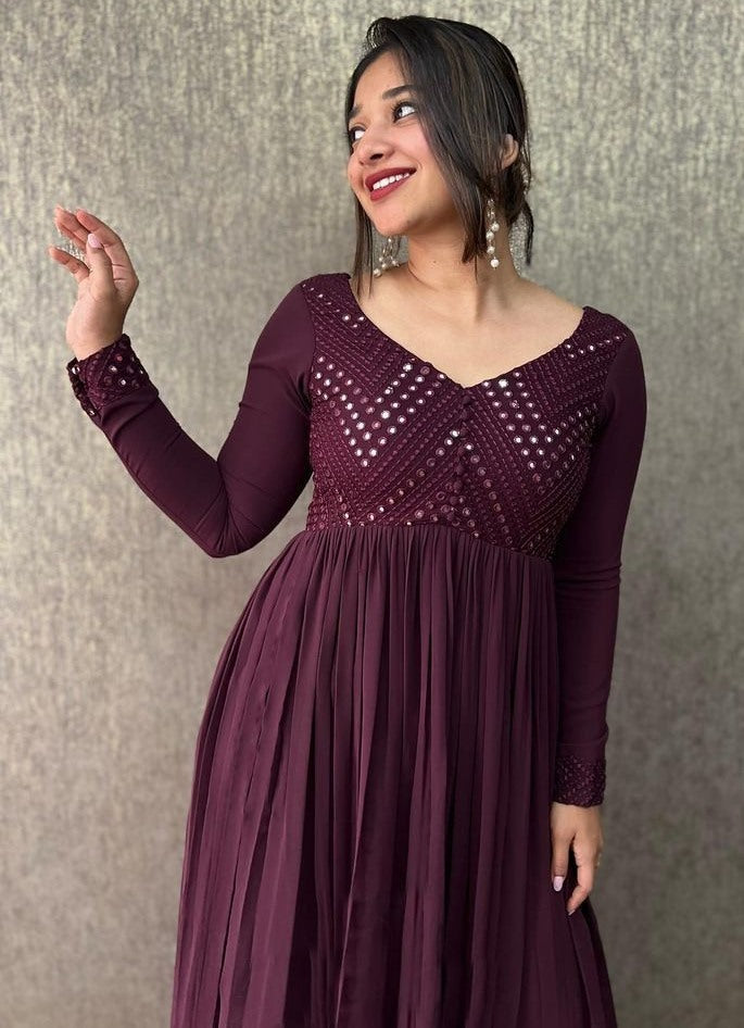 Wine georgette embroidered gown