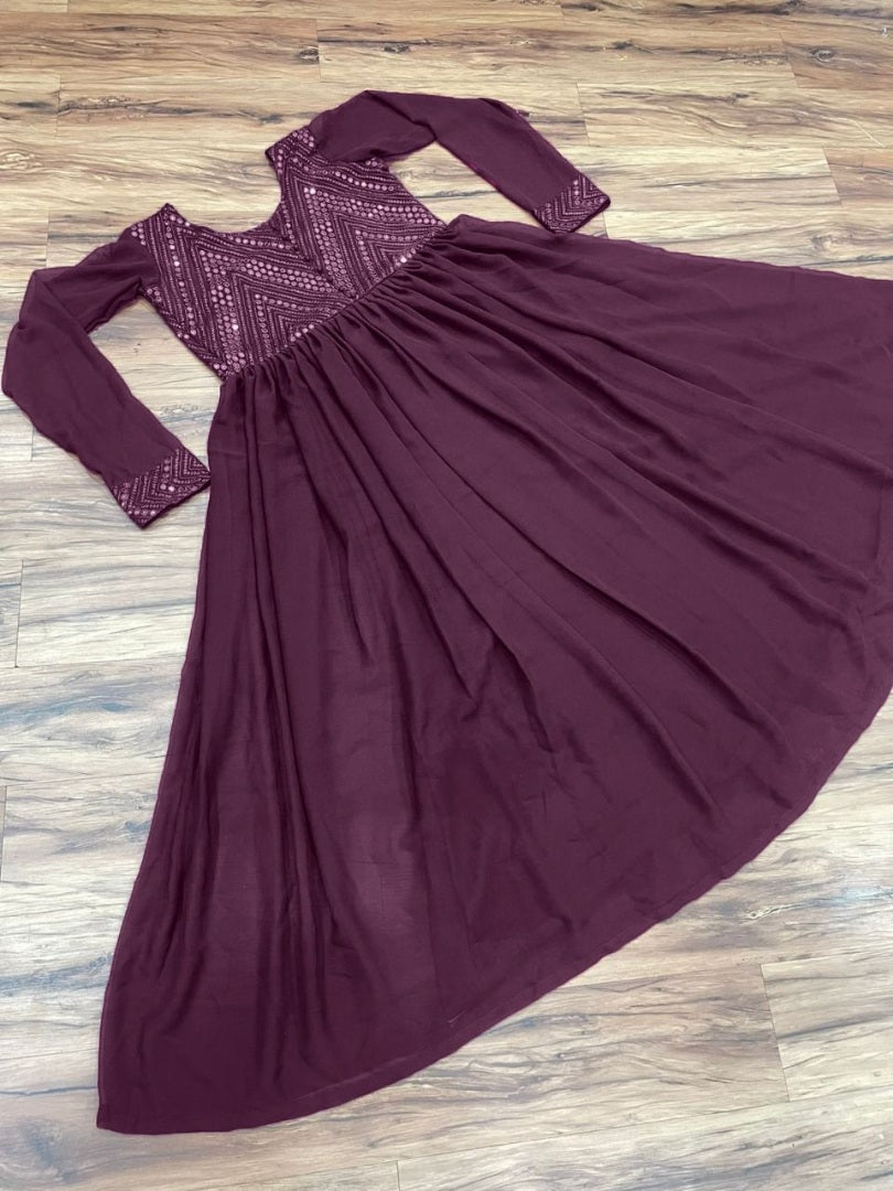 Wine georgette embroidered gown