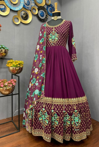 Wine georgette embroidered long gown with printed dupatta