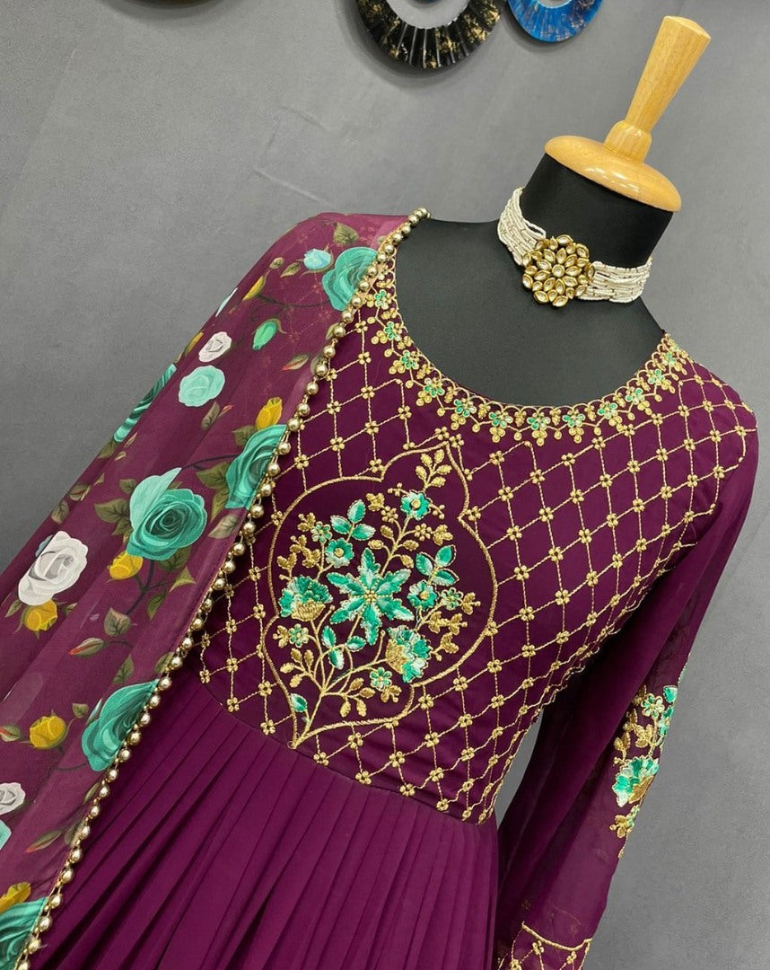 Wine georgette embroidered long gown with printed dupatta