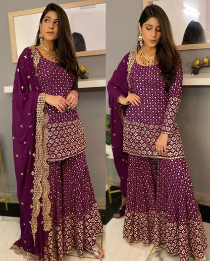 Wine georgette embroidered sequence work plazzo suit