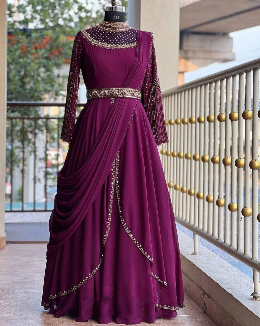 Wine georgette embroidery work indowestern party wear gown