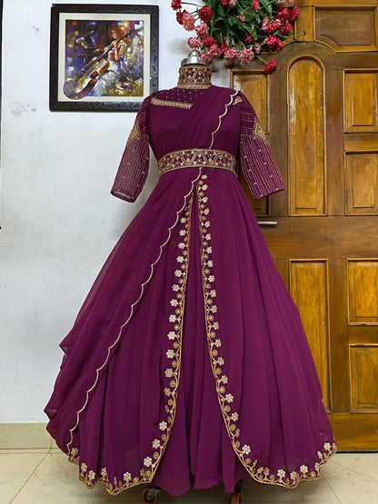 Wine georgette embroidery work indowestern party wear gown