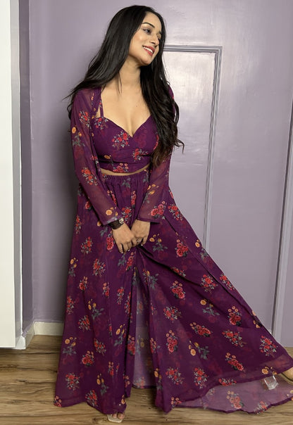 Wine georgette floral printed indowestern plazzo suit with koti