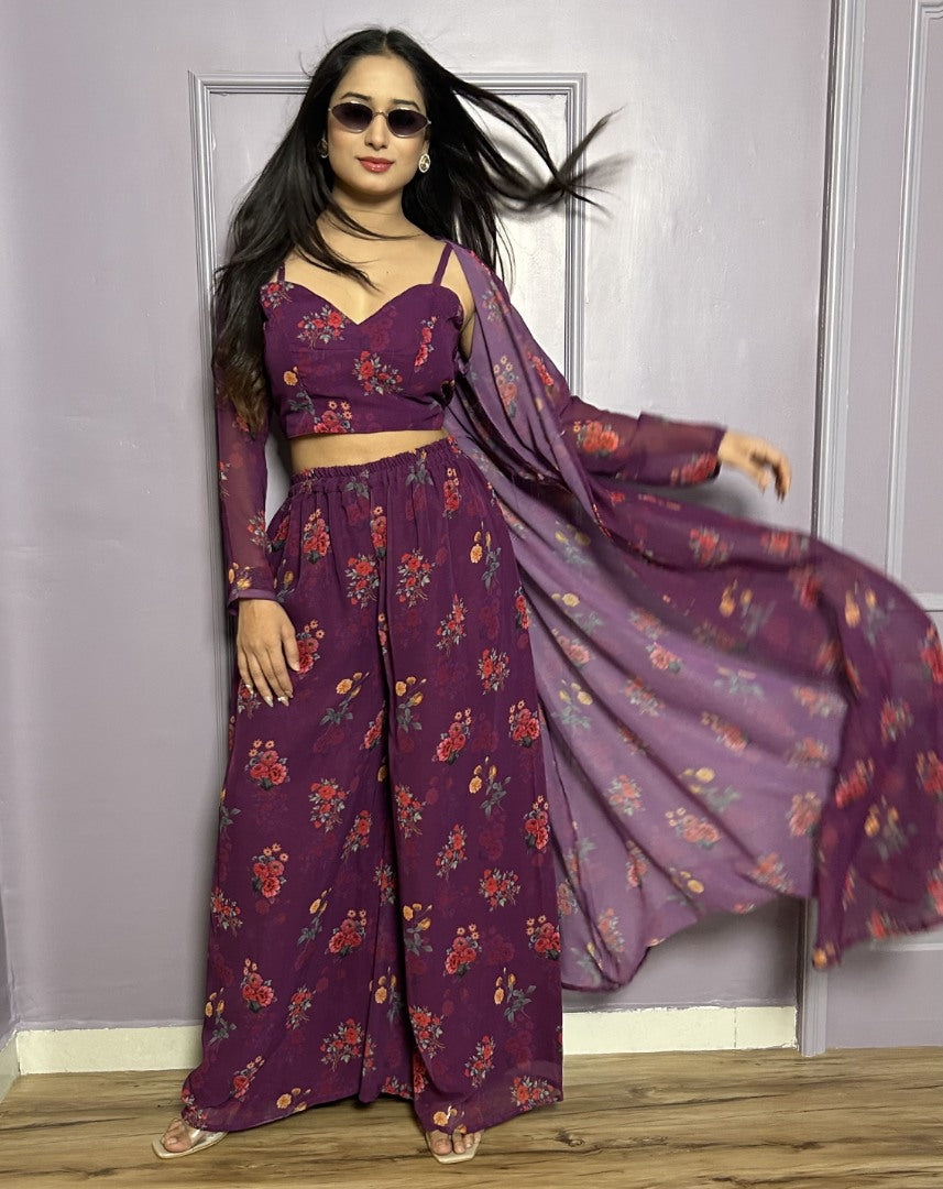 Wine georgette floral printed indowestern plazzo suit with koti