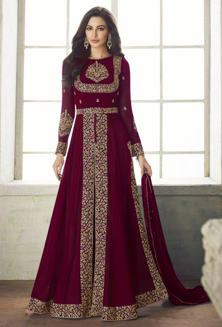 Wine georgette heavy embroidered designer partywear salwar suit