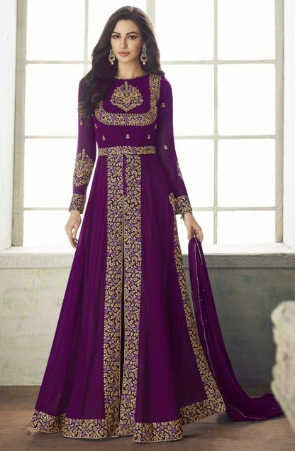 Wine georgette heavy embroidered designer partywear salwar suit