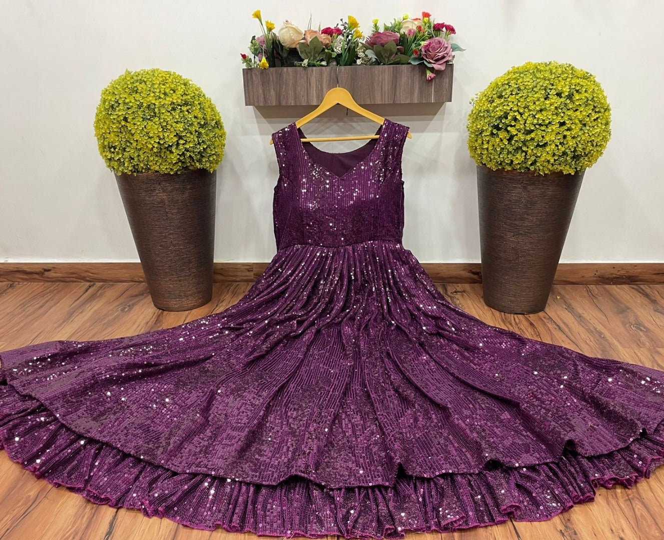 Wine georgette heavy sequence embroidery work wedding gown