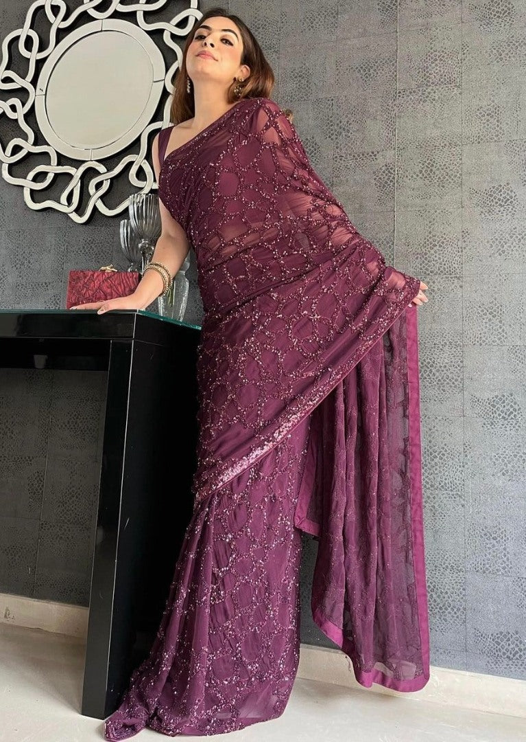 Wine georgette heavy sequence work saree