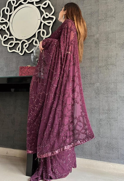 Wine georgette heavy sequence work saree