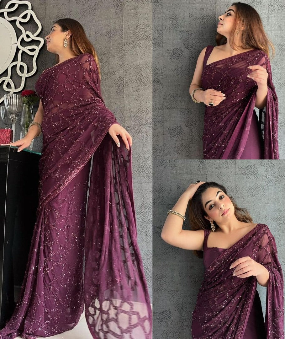 Wine georgette heavy sequence work saree