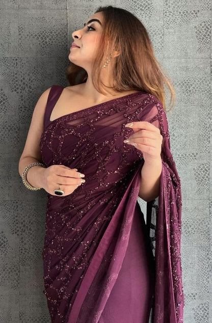 Wine georgette heavy sequence work saree