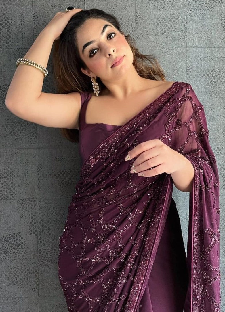 Wine georgette heavy sequence work saree