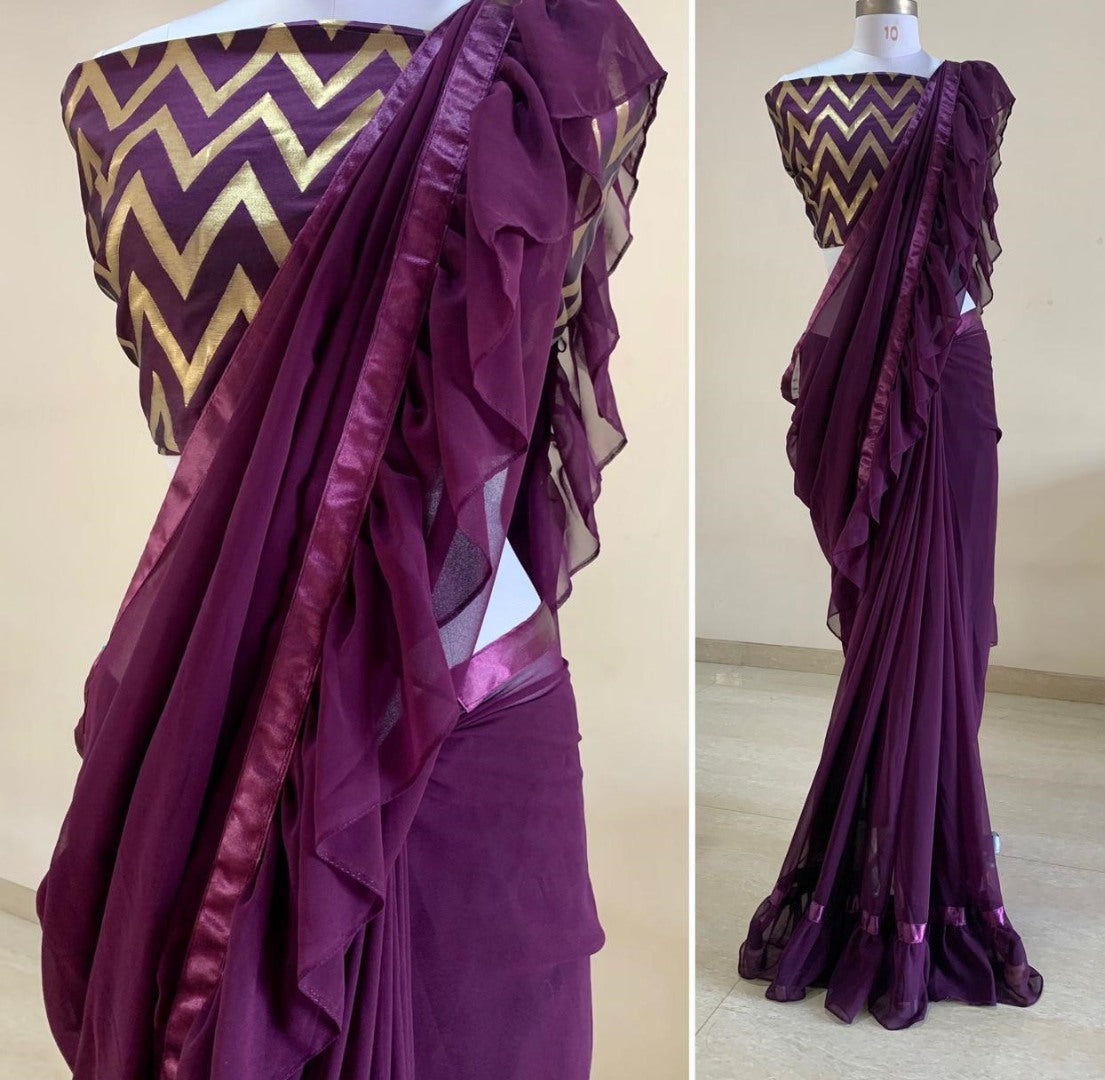 Wine georgette jhalar work saree with jacquard blouse