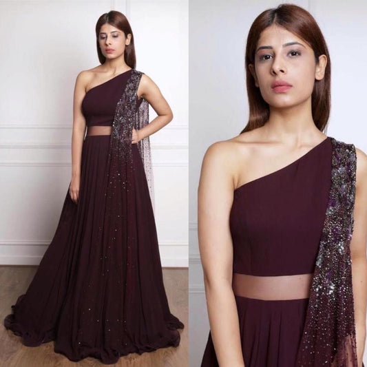 wine georgette partywear lehenga with sequence work dupatta